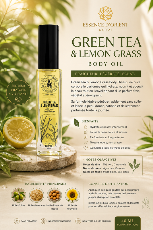 🍋 Green Tea & Lemon Grass Body Oil – Huile Corporelle Fraîche, Satinée & Énergisante