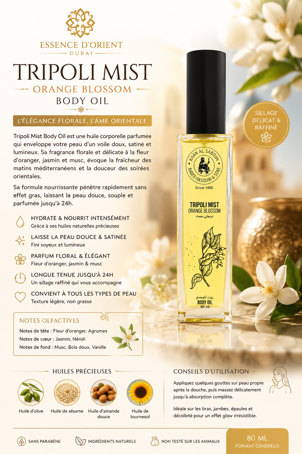 🌸Tripoli Mist Body Oil – Huile Corporelle Fleur d’Oranger & Jasmin